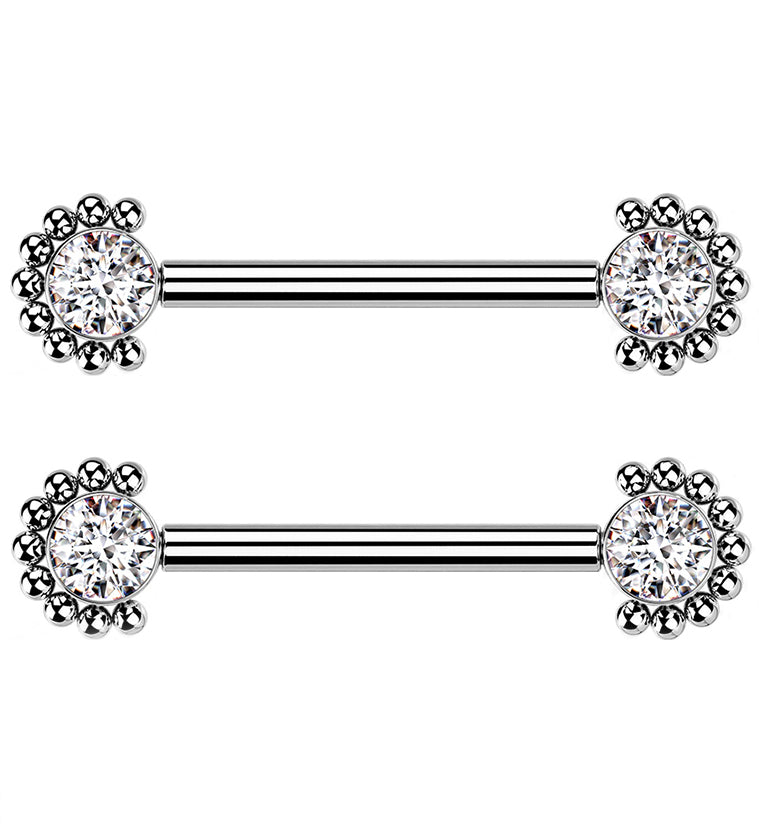 14G Encircled Double CZ Titanium Nipple Ring Barbell
