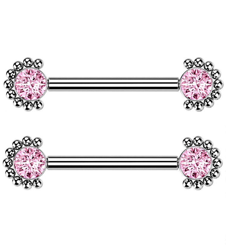 14G Encircled Double Pink CZ Titanium Nipple Ring Barbell