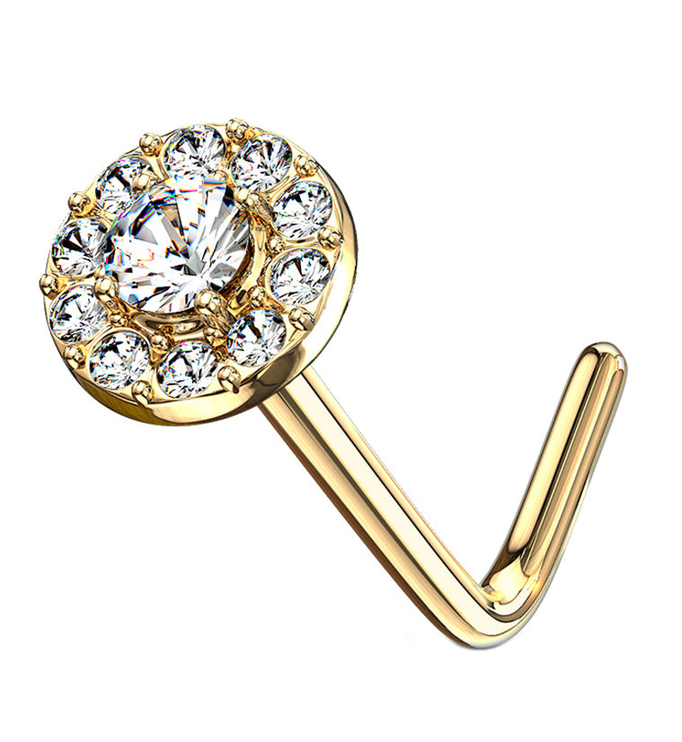 14kt Gold Disk w Blue CZ L Bend Nose Ring
