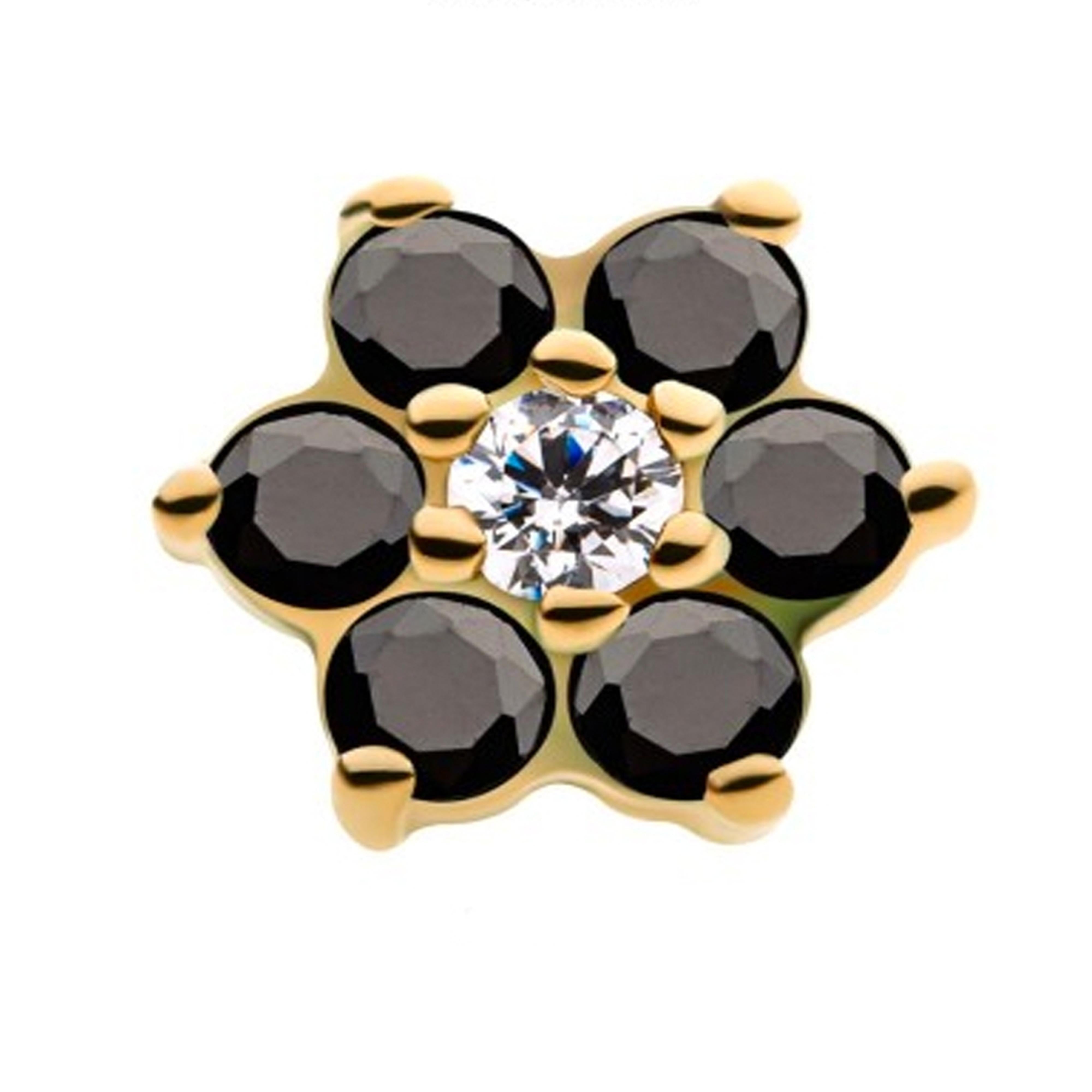14kt Gold Black & Clear CZ Flower Threadless Top