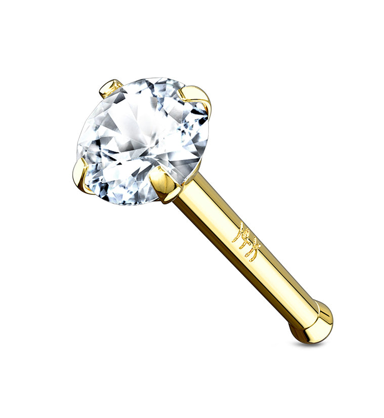 20G Clear CZ Prong14kt Gold Nosebone