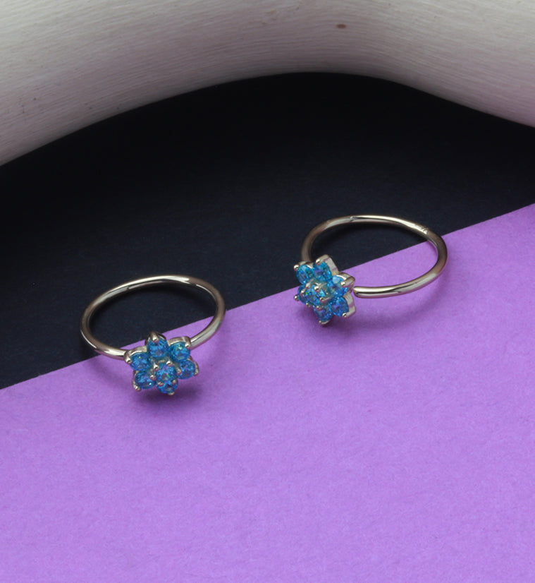 14kt Gold Aqua Opalite Flower Hoop Ring