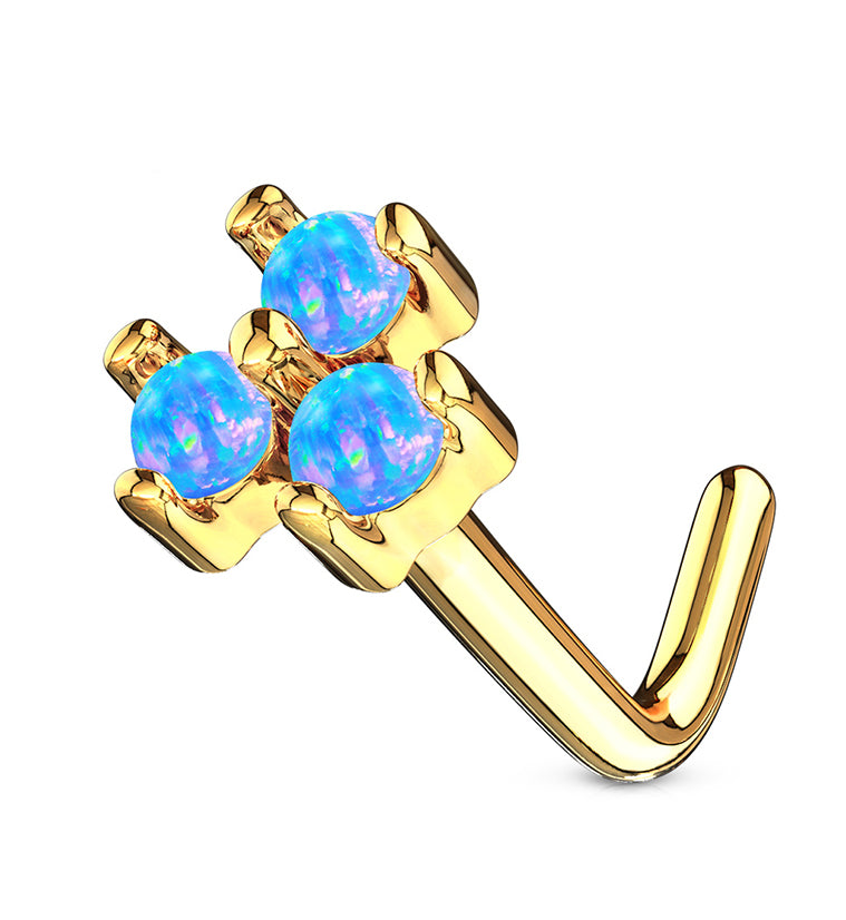20G Blue Trinity Opal 14kt Gold L Shaped Nose Ring