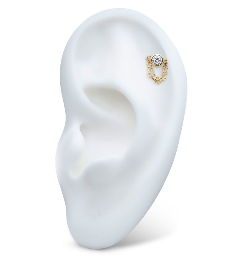 14kt Gold Clear CZ Double Dangle Chain Threadless Top