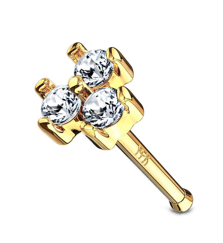 20G Trinity CZ 14kt Gold Nosebone