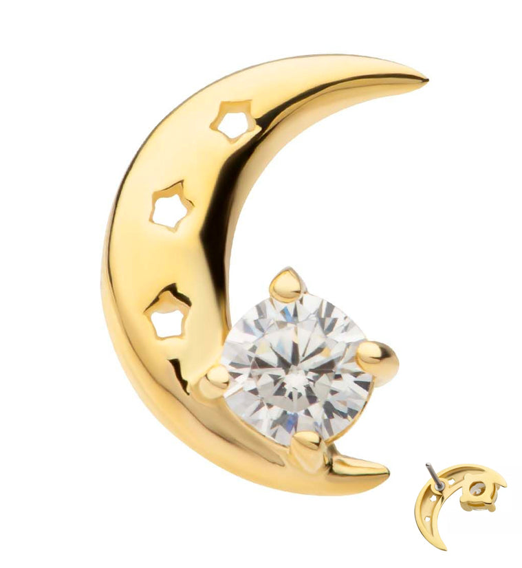 14kt Gold Crescent Moon Clear CZ Threadless Top