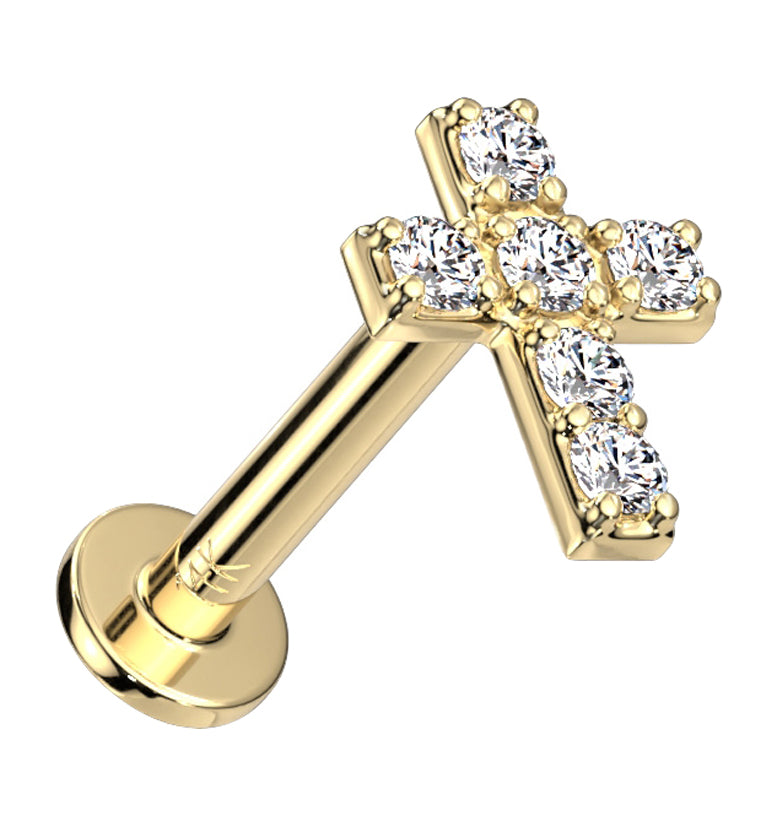 14kt Gold Cross CZ Threadless Labret