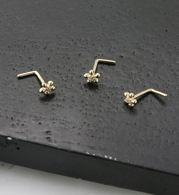 14kt Gold Daisy Clear CZ L Bend Nose Ring