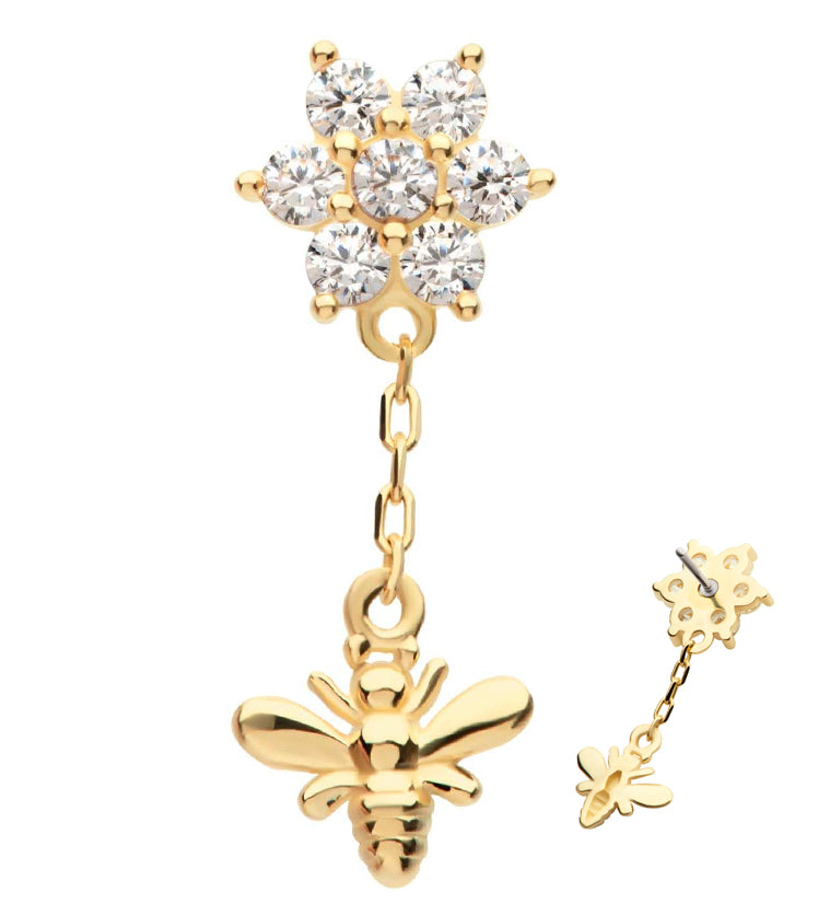 14kt Gold Flower CZ Dangle Bee Threadless Top