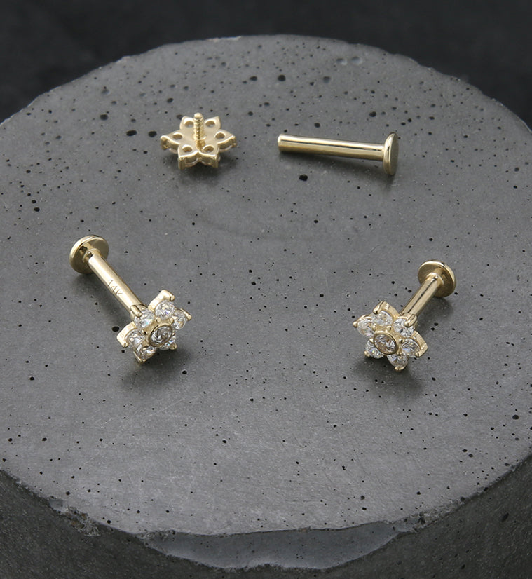 14kt Gold Flower CZ Internally Threaded Labret