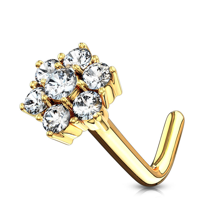 20G 14kt Gold CZ Flower Pack L Shaped Nose Ring