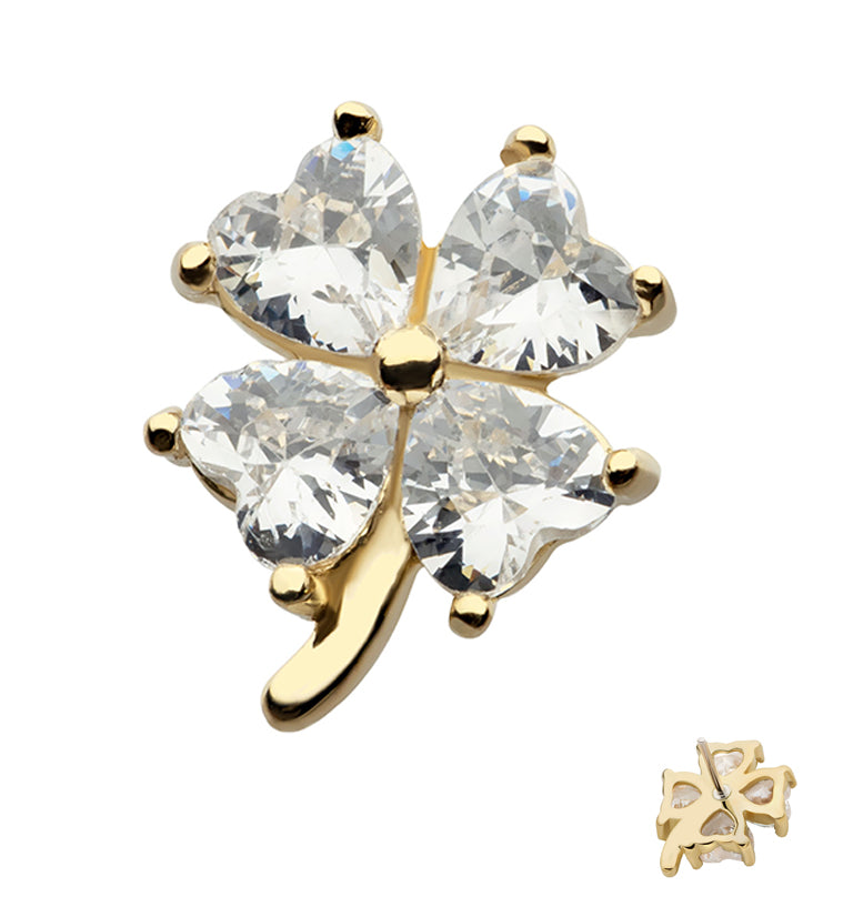 14kt Gold Four Leaf Clover Clear CZ Threadless Top