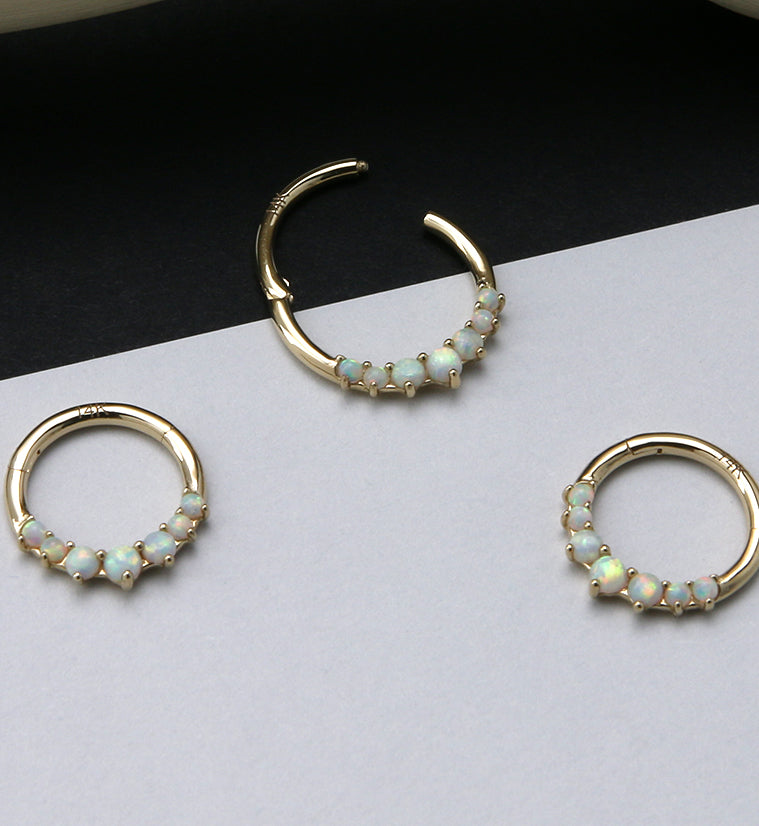 14kt Gold Front Facing White Opalite Hinged Segment Ring