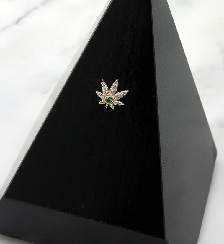 14kt Gold Hemp Leaf Emerald CZ Threadless Top