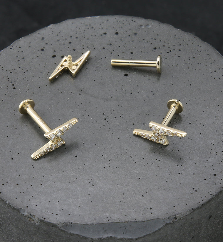 14kt Gold Lightning Bolt CZ Internally Threaded Labret