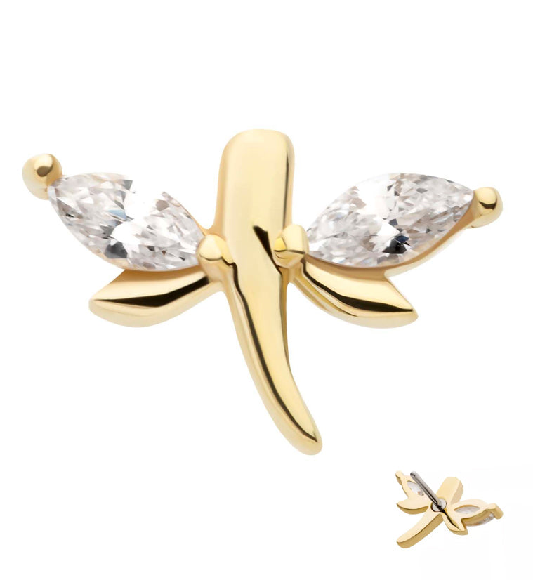 14kt Gold Mini Dragonfly Clear CZ Threadless Top