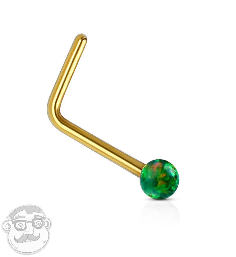20G Green Opalite 14kt Gold L Shape Nose Ring