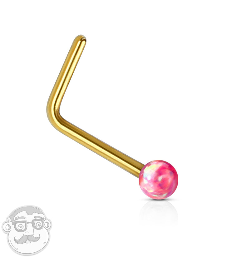 20G Blue Opalite 14kt Gold L Shape Nose Ring