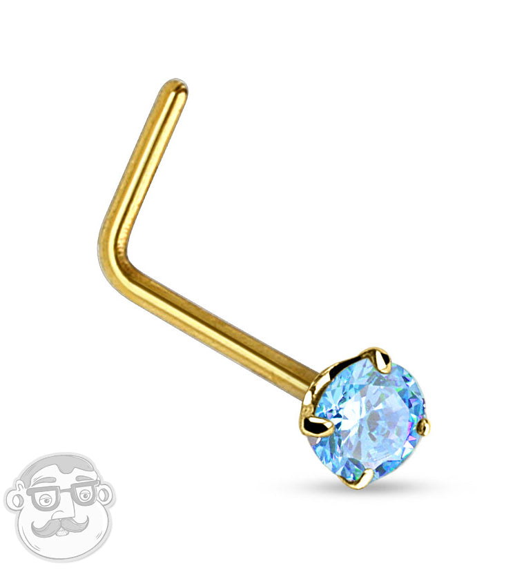 20G 14kt Gold L Shaped Aqua CZ Top Nose Ring