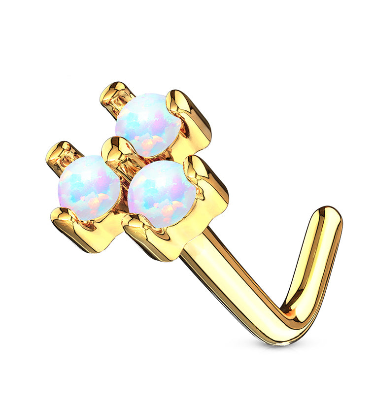 20G White Trinity Opal 14kt Gold L Shaped Nose Ring