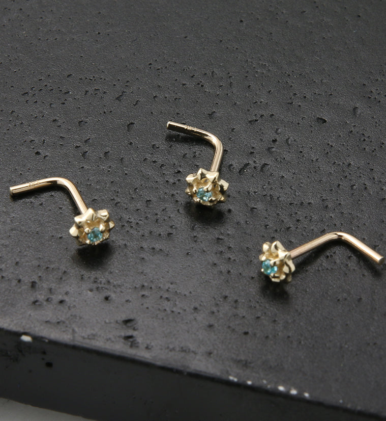 14kt Gold Sol Aqua CZ L Bend Nose Ring14kt Gold Sol Aqua CZ L Bend Nose Ring