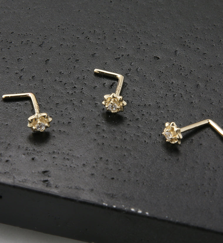 14kt Gold Sol Clear CZ L Bend Nose Ring