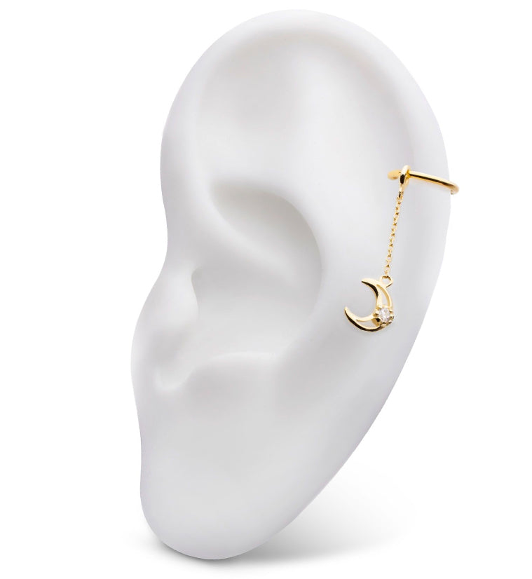 14kt Gold Trace Half Moon Clear CZ Dangle Chain Charm