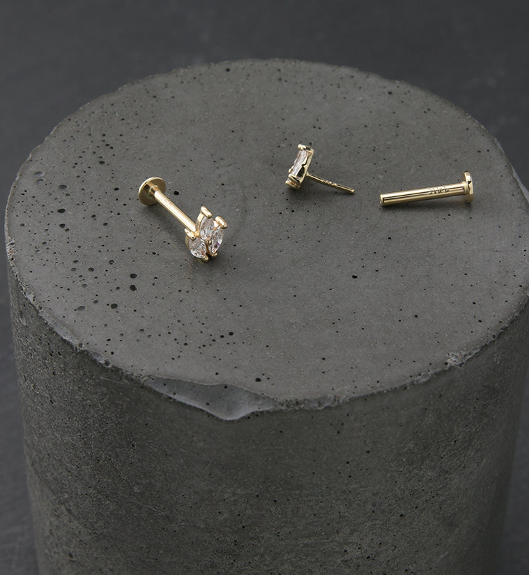 14kt Gold Tri Sepal CZ Threadless Labret