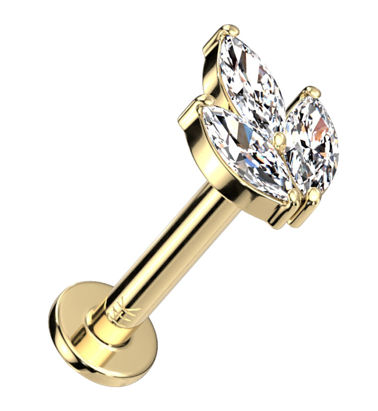 14kt Gold Tri Sepal CZ Threadless Labret