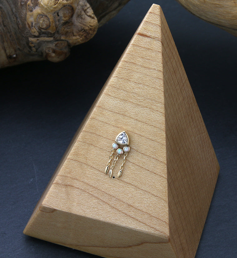 14kt Gold Triangle CZ Triple White Opalite Dangle Threadless Top