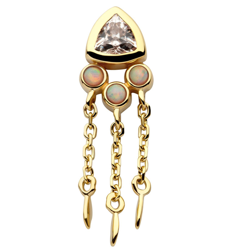 14kt Gold Triangle CZ Triple White Opalite Dangle Threadless Top
