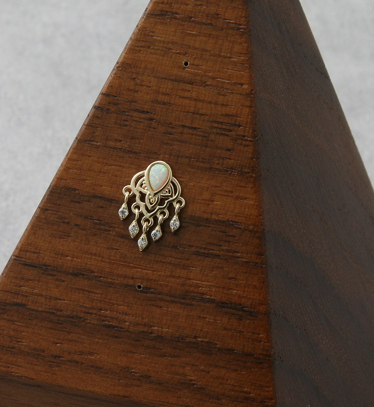 14kt Gold White Opalite Teardrop and Dangle CZ Threadless Top