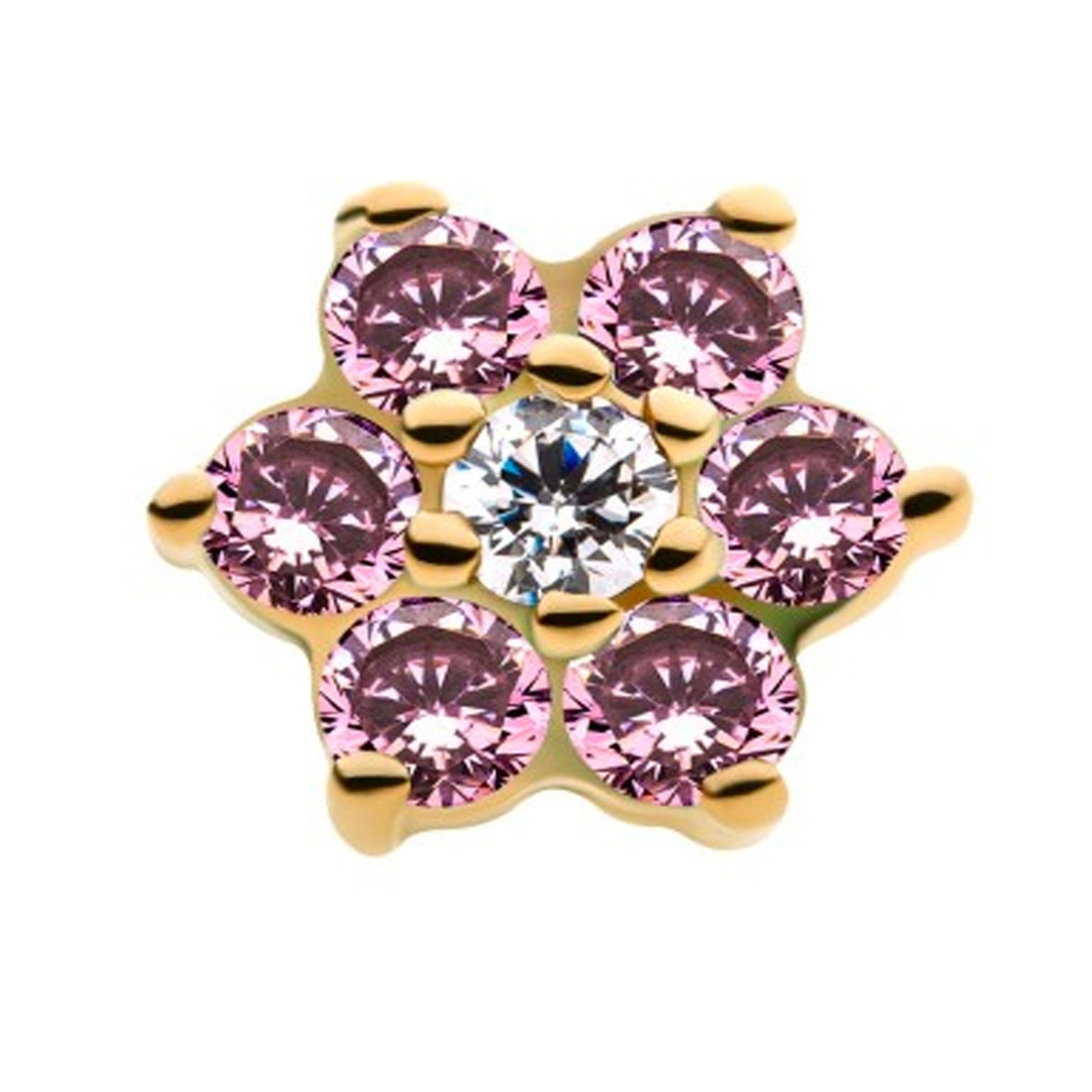 14kt Gold Pink & Clear CZ Flower Threadless Top