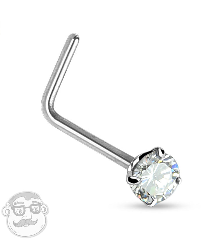 20G 14kt White Gold LShaped Clear CZ Top Nose Ring