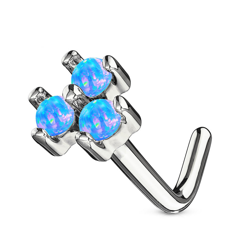 20G Blue Trinity Opal 14kt White Gold L Shaped Nose Ring