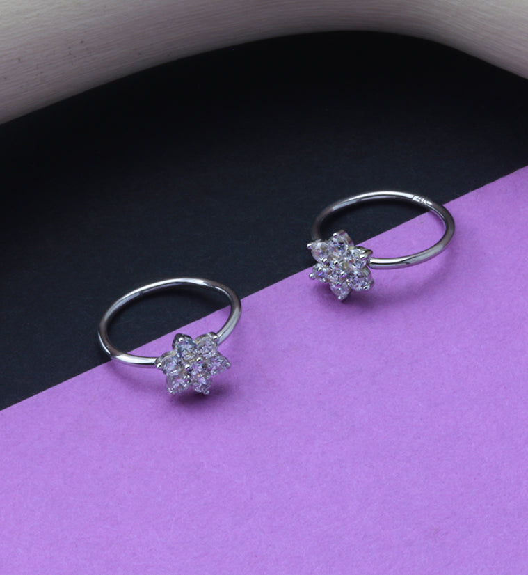 14kt White Gold Clear CZ Gem Flower Hoop Ring