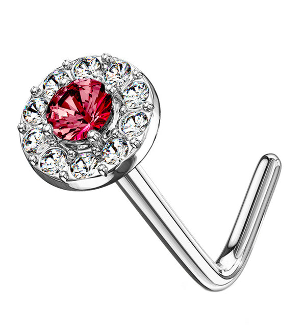 14kt White Gold Disk w Red CZ L Bend Nose Ring