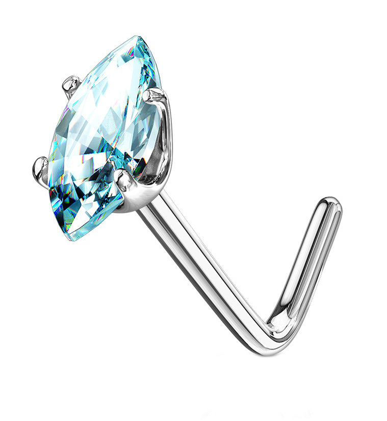 14kt White Gold Ellipt Aqua CZ L Bend Nose Ring