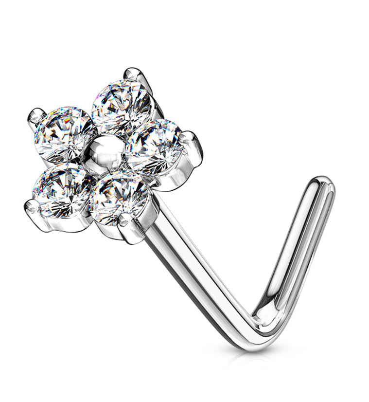 20G 14kt White Gold CZ Floral L Bend Nose Ring
