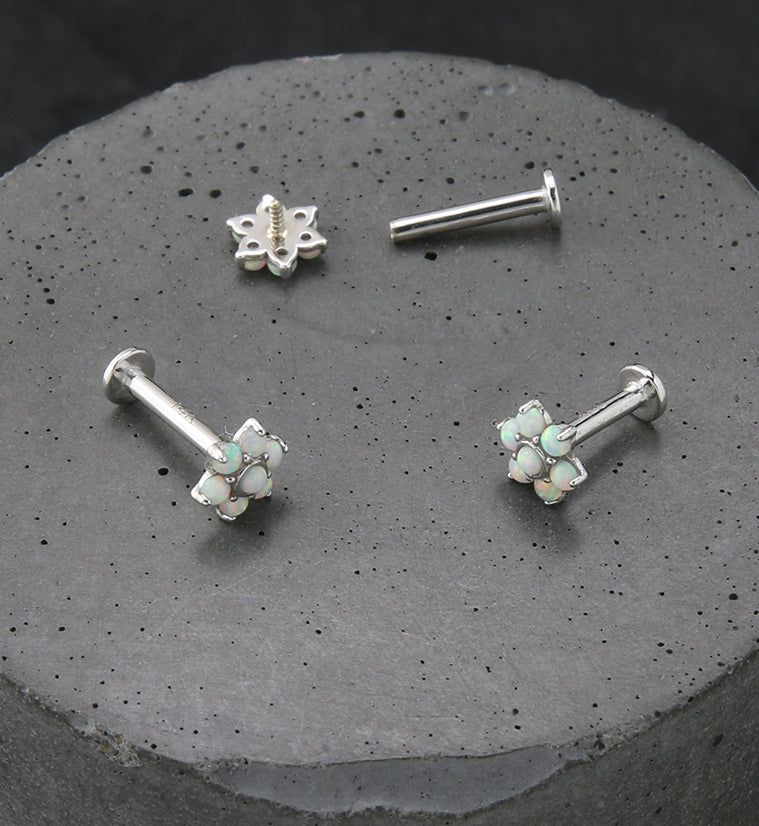 14kt White Gold Flower White Opalite Internally Threaded Labret