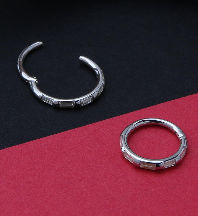 14kt White Gold Oblong CZ Edge Hinged Segment Ring