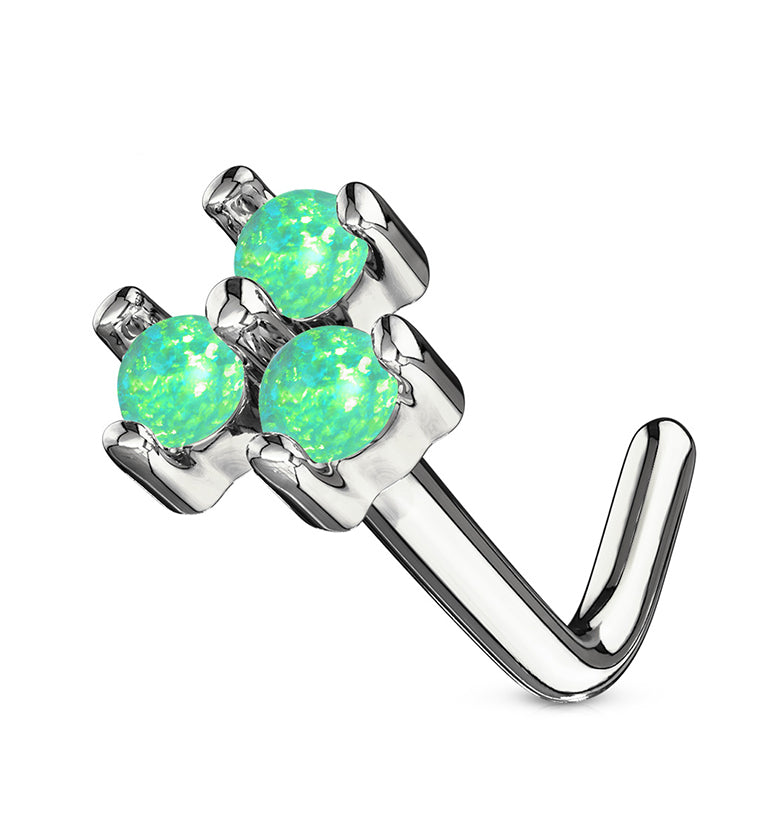 20G Green Trinity Opal 14kt White Gold L Shaped Nose Ring