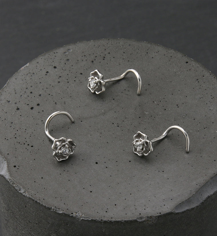 14kt White Gold Tri Petal Clear CZ Nose Screw