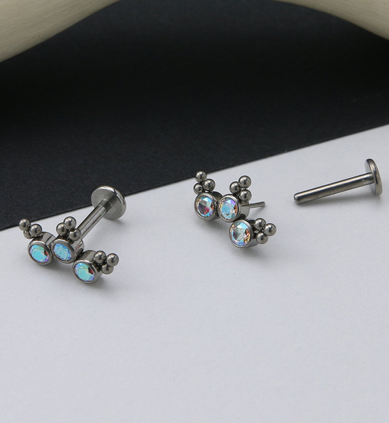 16G Triple Beaded Rainbow Aurora CZ Curve Titanium Threadless Labret