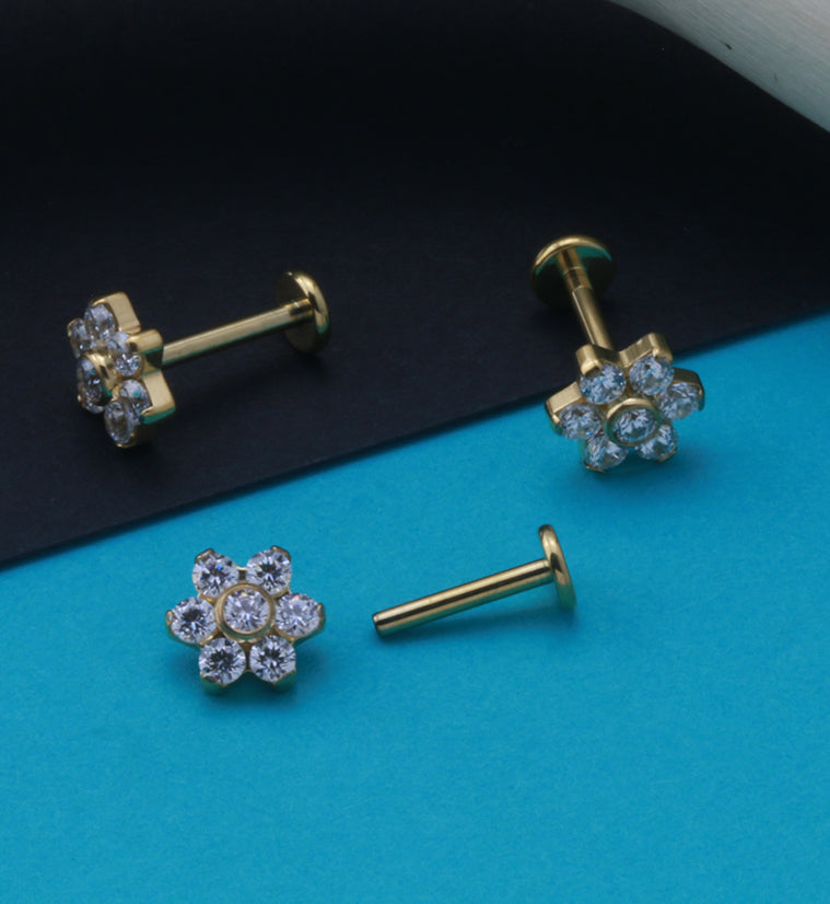 16G Gold PVD CZ Flower Titanium Labret Post
