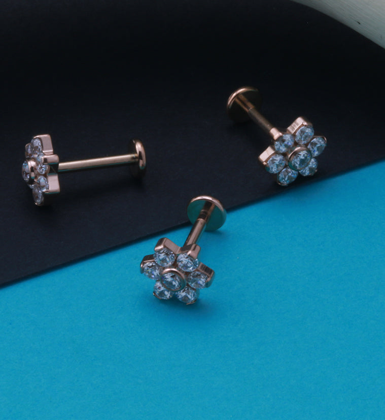 16G Rose Gold PVD CZ Flower Titanium Labret Post