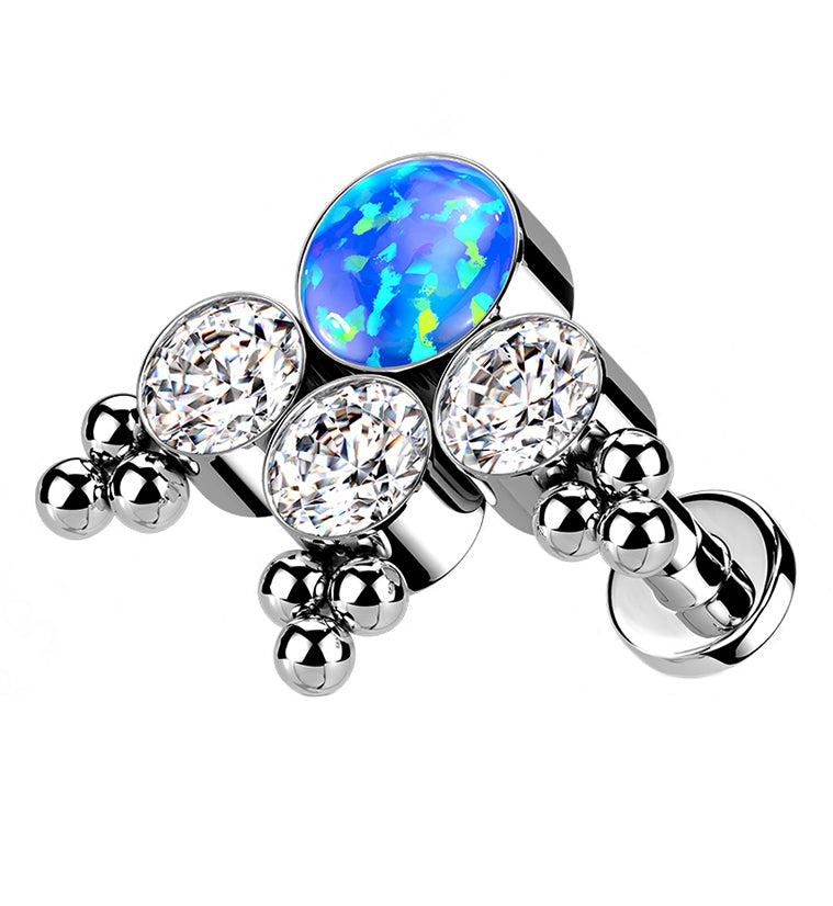 16G Triple Beaded CZ Blue Opal Titanium Labret Post