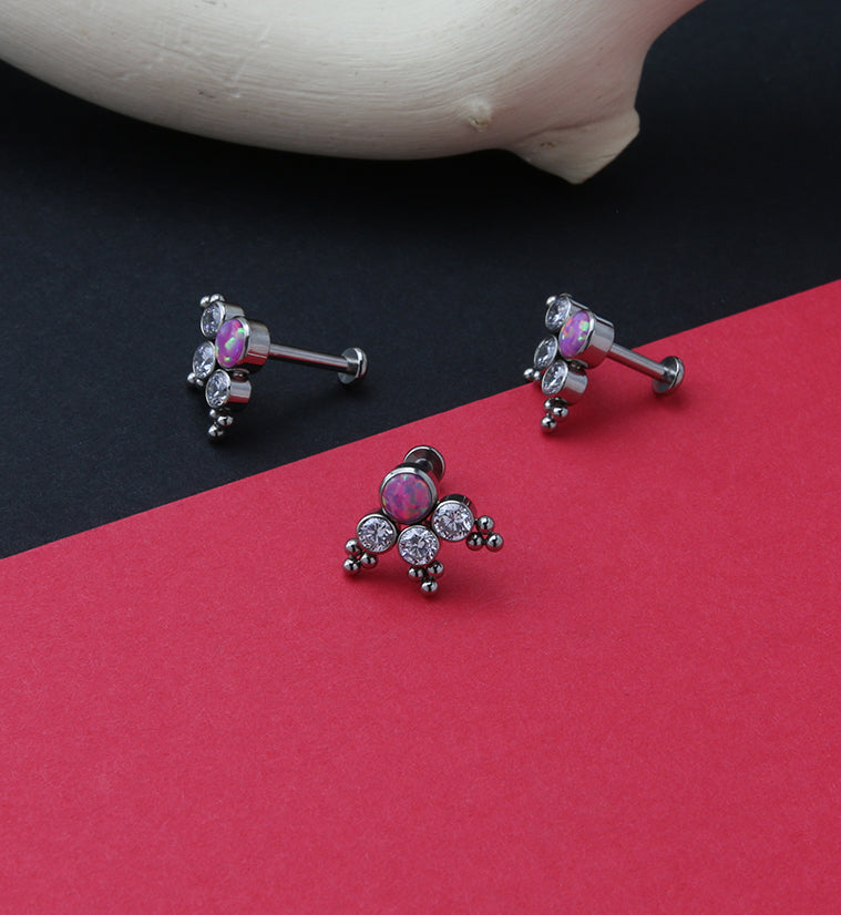 16G Triple Beaded CZ Pink Opal Titanium Labret Post