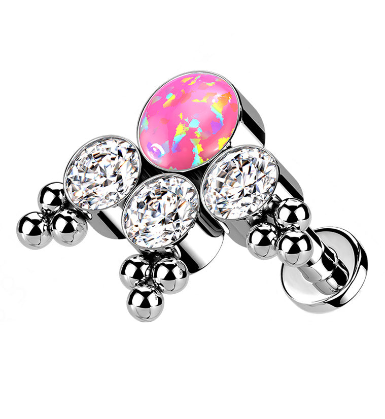 16G Triple Beaded CZ Pink Opal Titanium Labret Post