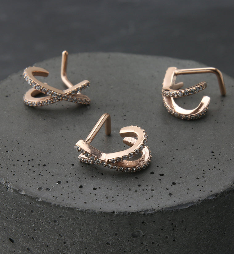 18G Rose Gold PVD Intersect Double Line CZ Nose Curve